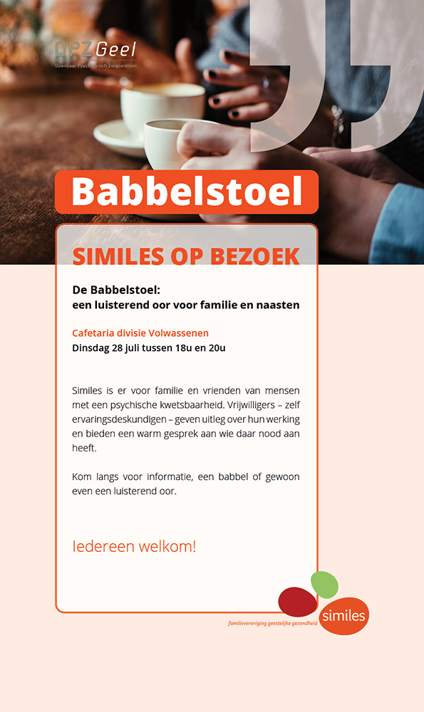 Similes Babbelstoel op dinsdag 28 juli van 18u tot 20u in cafetaria divisie Volwassenen.